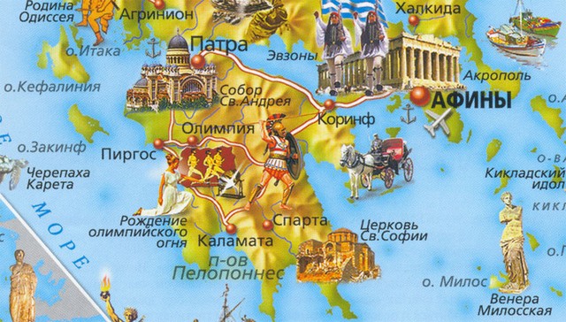 Карта Пелопоннеса достопримечательности